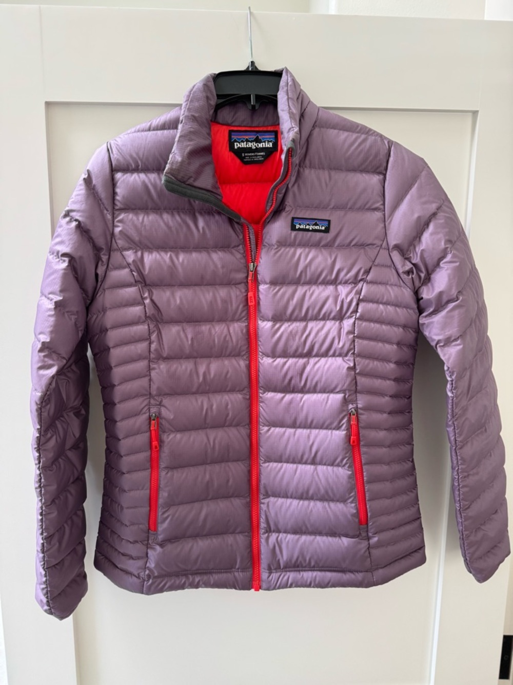 Patagonia Light Purple Down Jacket with Orange Trim